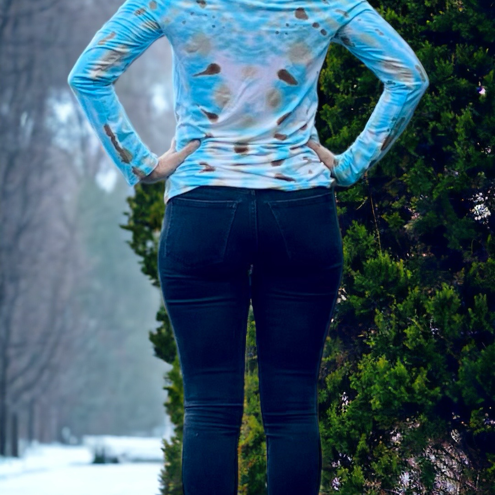 Hand Tie Dyed Calvin Klein Long Sleeve top in Baby Blue | Size M | Unique Gift For Her | Gentle colors For Gentle Lady | Model Back
