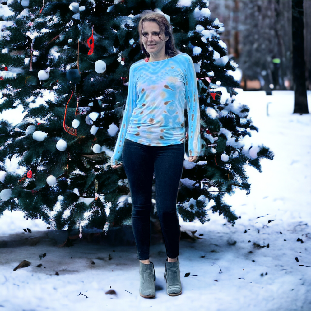 Hand Tie Dyed Calvin Klein Long Sleeve top in Baby Blue | Size M | Unique Gift For Her | Gentle colors For Gentle Lady | Main Image
